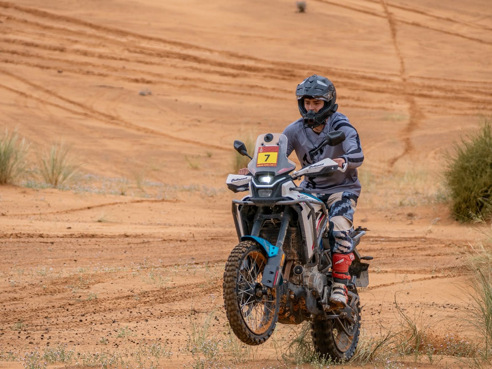 Piloto levantando la rueda delantera en una pista de arena